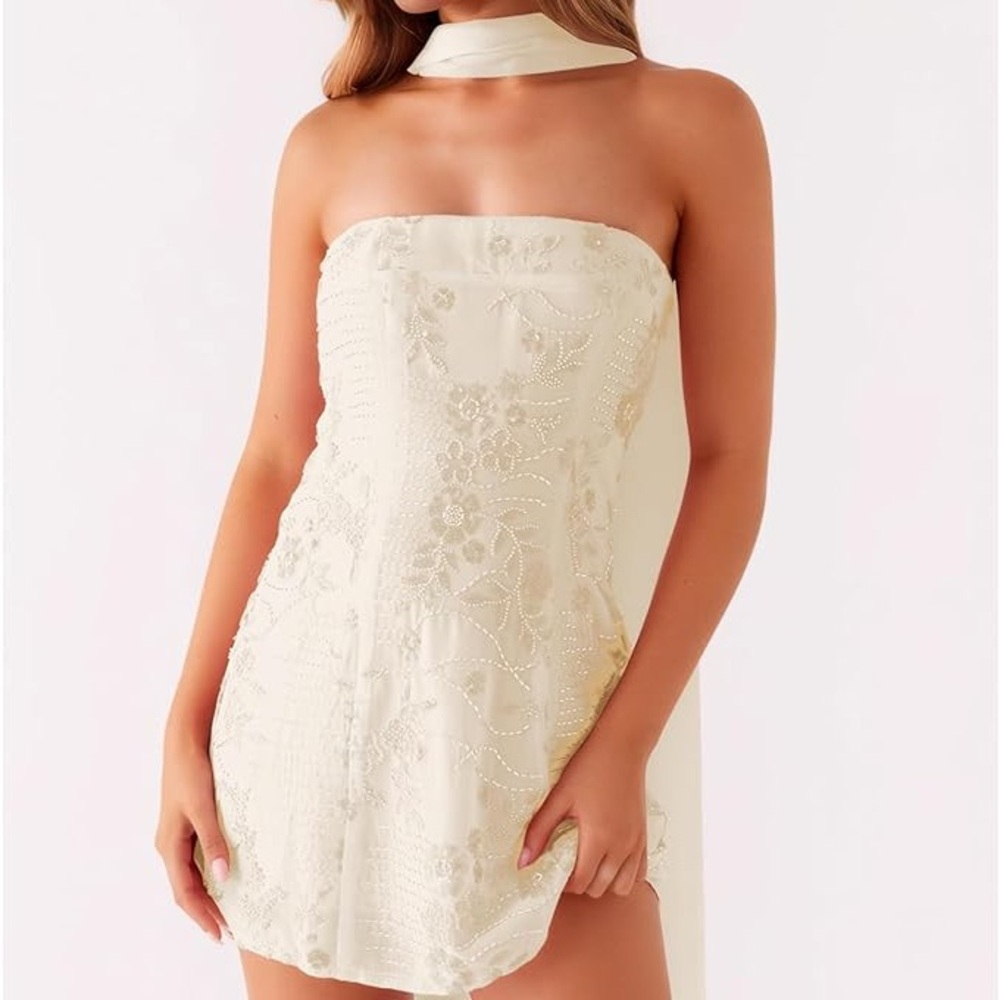 Y2K Sequin Strapless Mini Dress with Scarf
